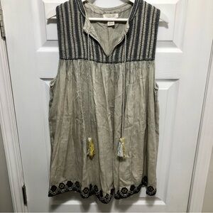 Rachel Zoe Embroidered Boho Sleeveless Swing Top with Tassels Tie Neckline 2X